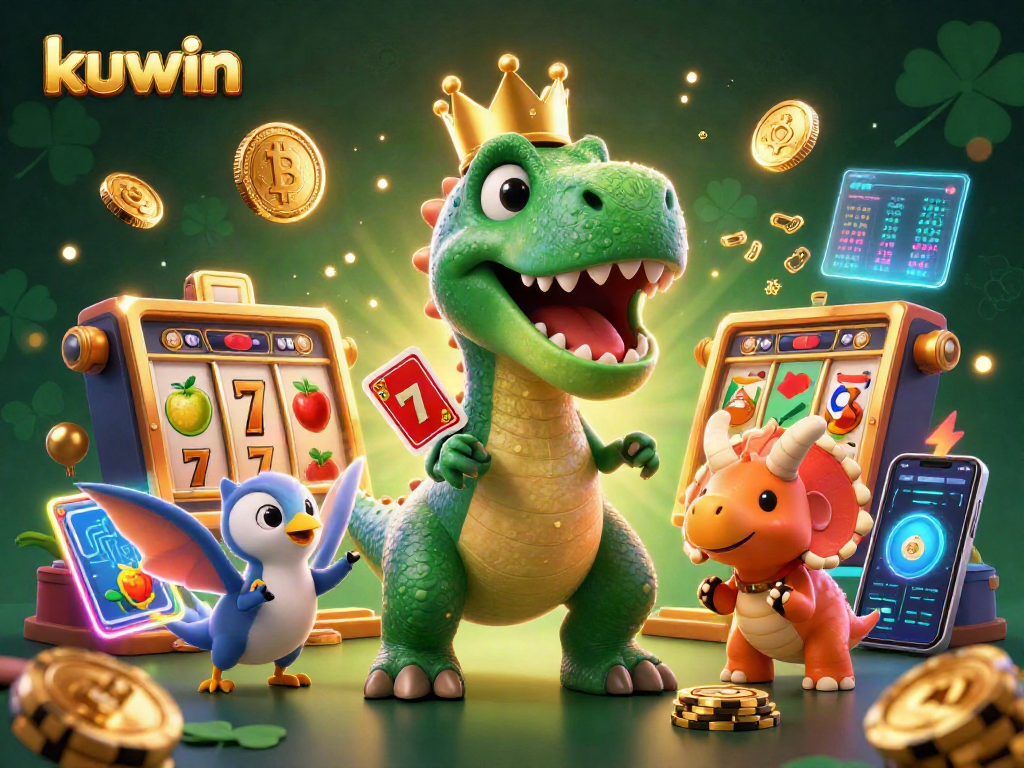 Kuwin's vibrant online casino scene with dinosaurs shuffling cards and stacking chips amid slot machines.