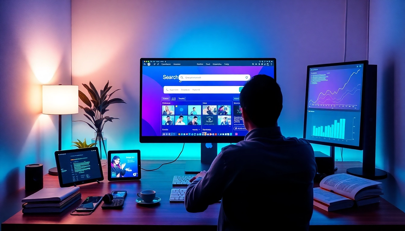 Tools for finding OnlyFans creators illustrated through a modern digital landscape with engaging interfaces and analytics.
