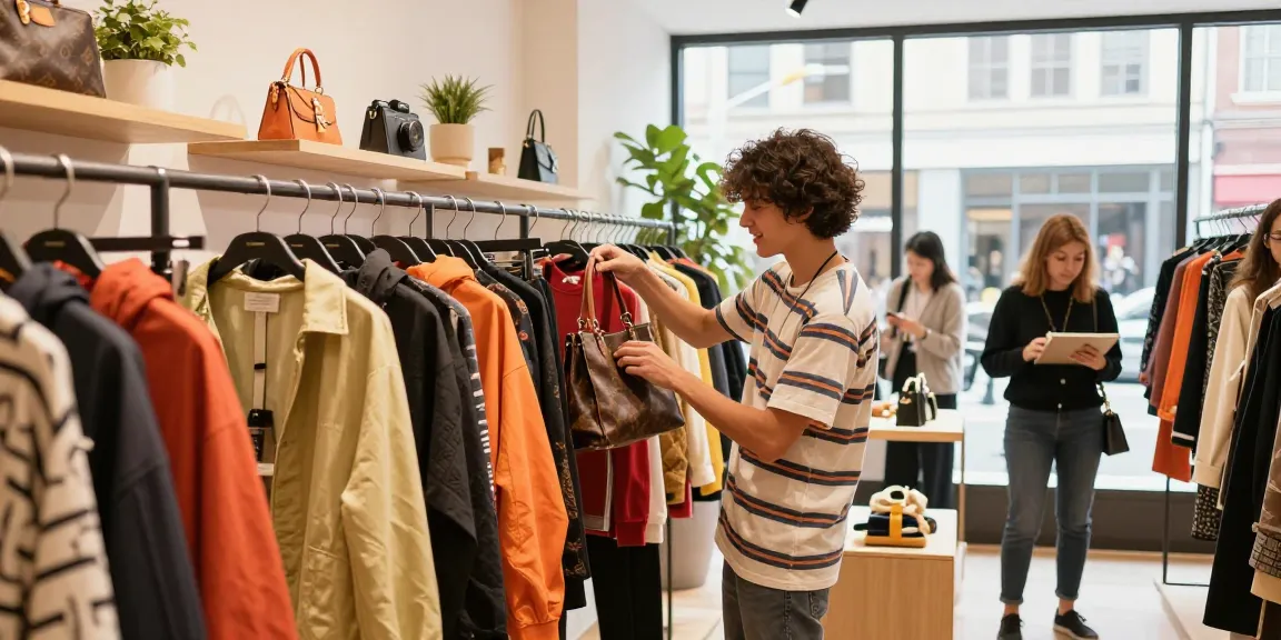 Young adult exploring high-quality 레플리카 fashion items in a stylish store, vibrant atmosphere, modern decor.