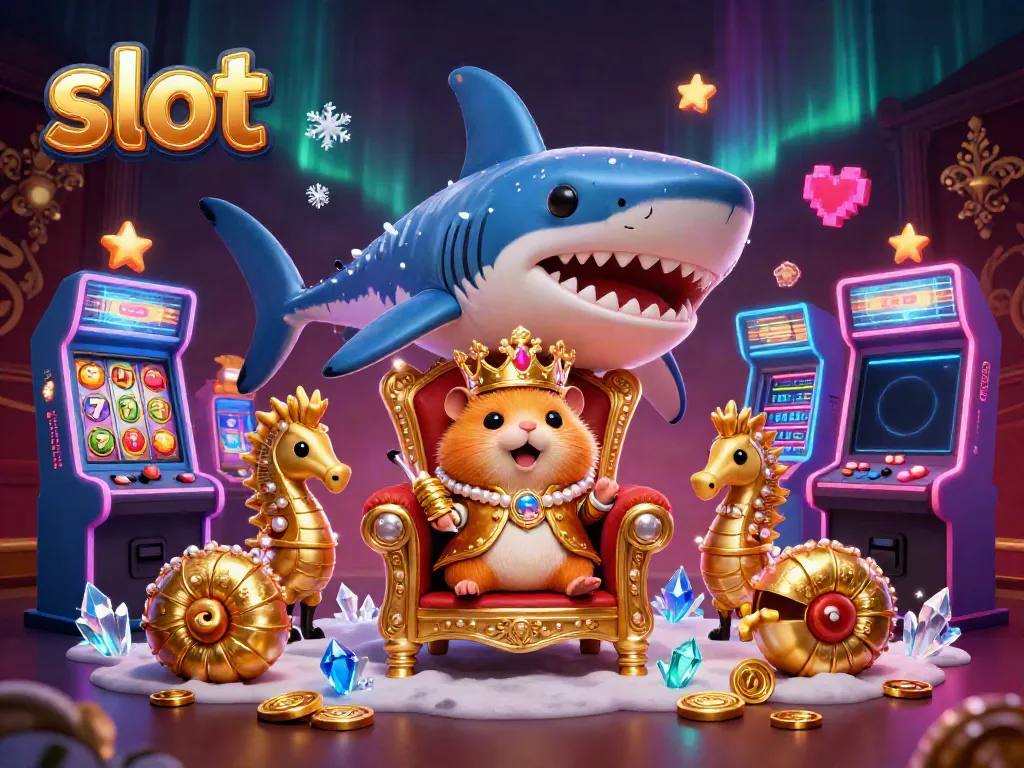Menggandakan kesenangan bermain slot dengan raja hamster emas di takhtanya dan simbol slot menarik.