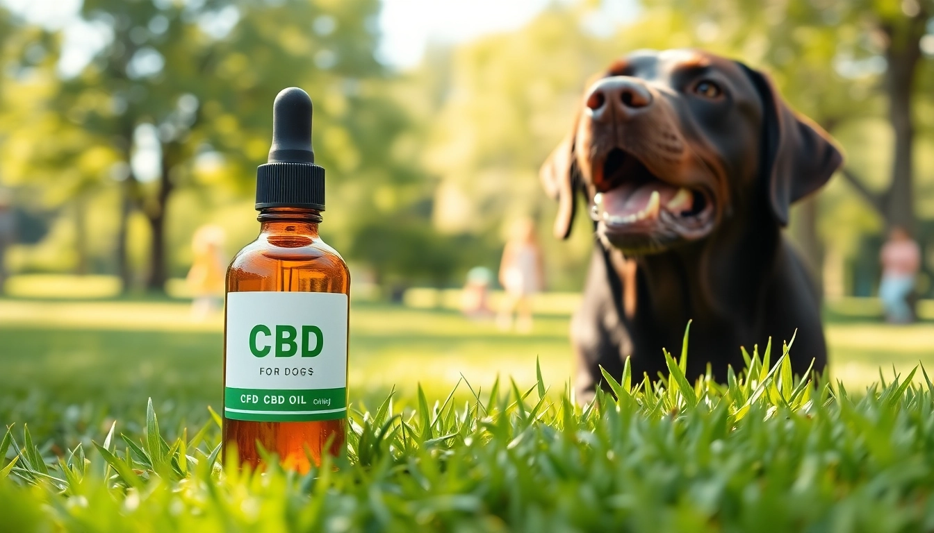 Happy Lab plays in the park with CBD Oil For Dog positioned on the grass.