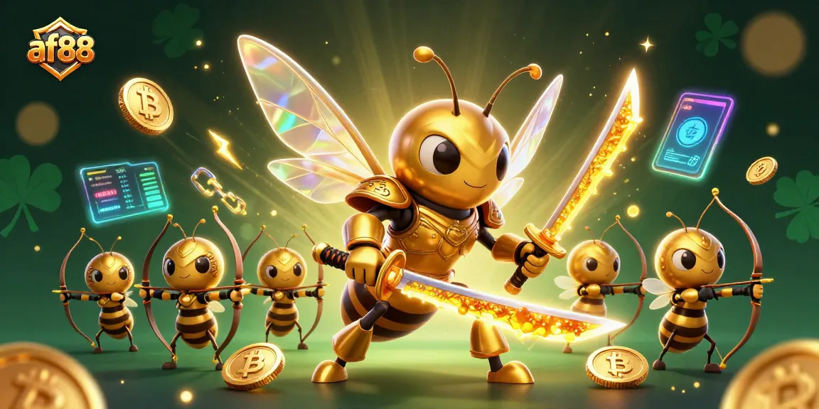 Play engaging games at af88 with a stunning golden hornet and cryptocurrency elements in a vibrant casino atmosphere.