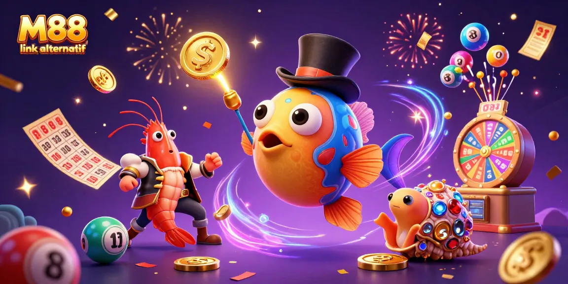 Engage with M88 link alternatif through this vibrant 3D illustration showcasing dynamic gambling excitement.