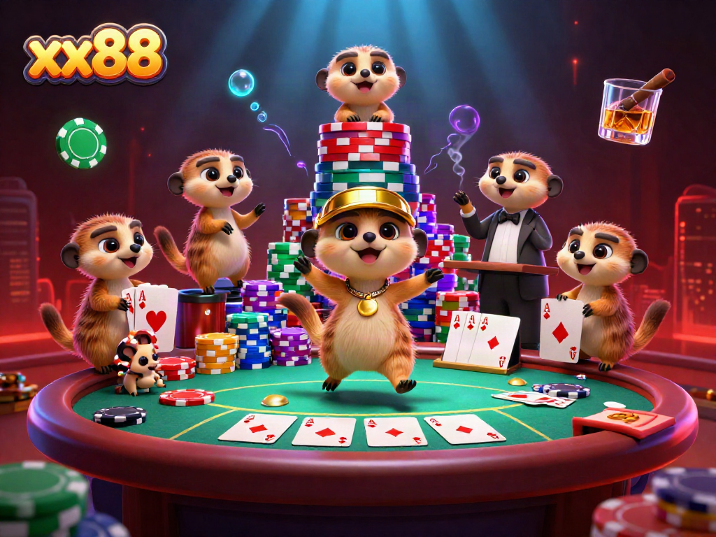 Experience the excitement of xx88 with lively meerkats in a bustling casino environment, from dealers to chip towers.