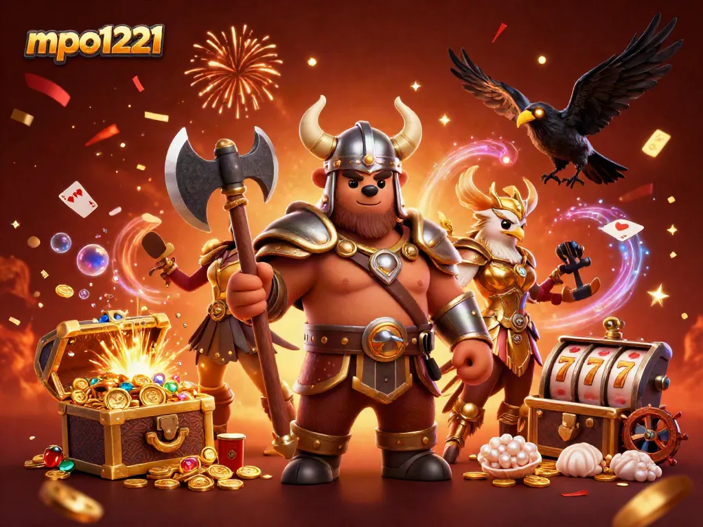 Engage with mpo1221 in this vibrant 3D casino illustration filled with slot themes and celebration elements.