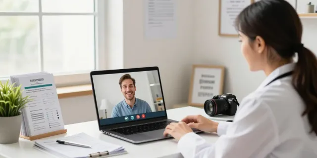 Engaging medical card online consultation with a caring doctor at home.