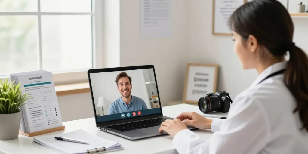 Engaging medical card online consultation with a caring doctor at home.