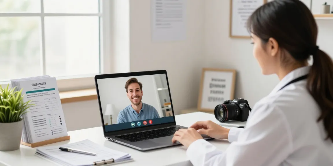 Engaging medical card online consultation with a caring doctor at home.
