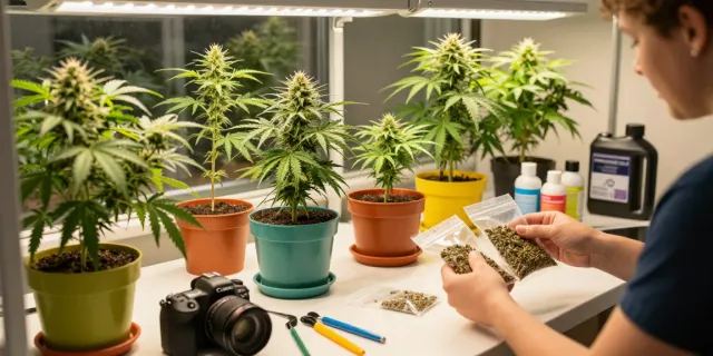 Grower's workspace featuring high THC feminised seeds and vibrant cannabis plants