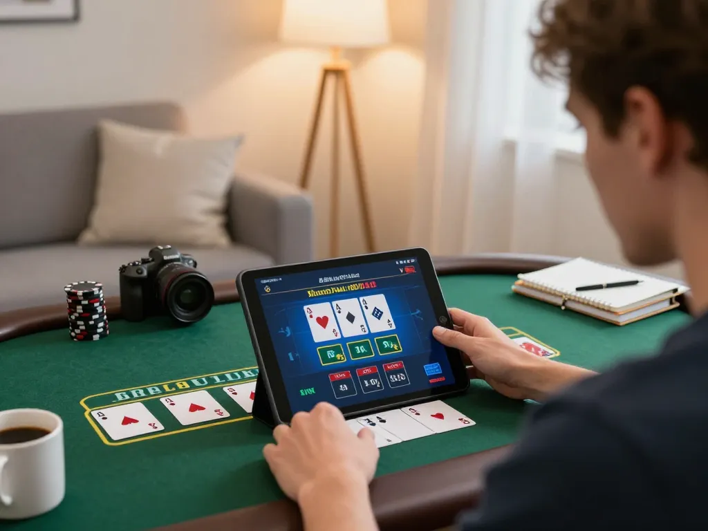 fly88 player engaging in live blackjack game on tablet from cozy home setting