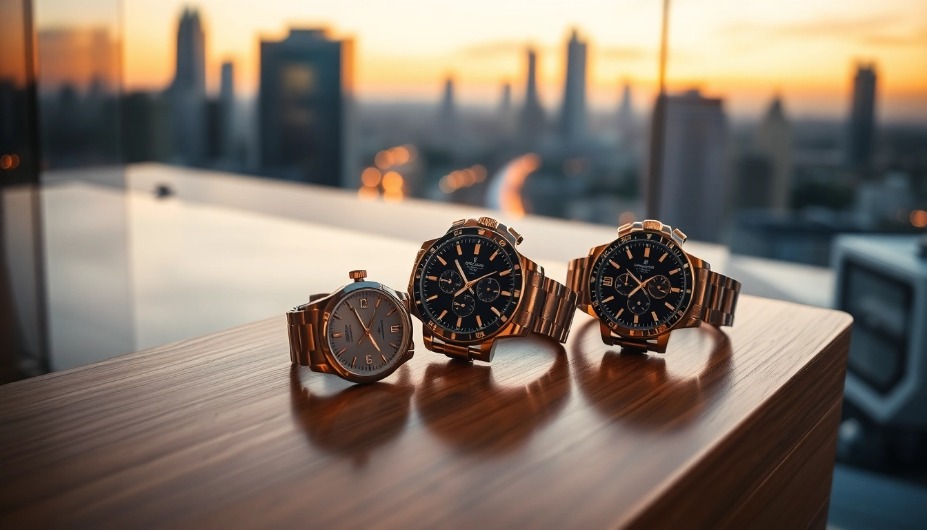 Showcasing super clone watches on a sophisticated wooden counter accented by elegant lighting.
