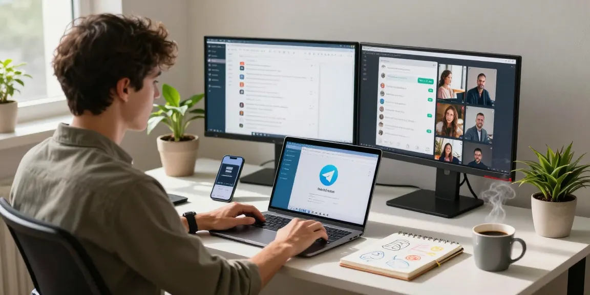 Utilizing Telegram Web Version in a modern home office setup for effective remote communication.
