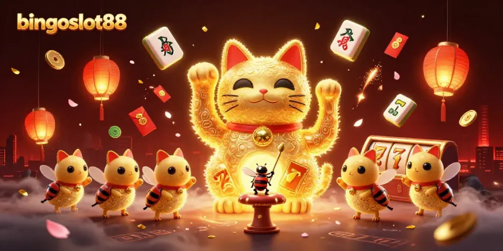 Aktivitas menarik di bingoslot88 dengan kucing keberuntungan dan simbol kasino.