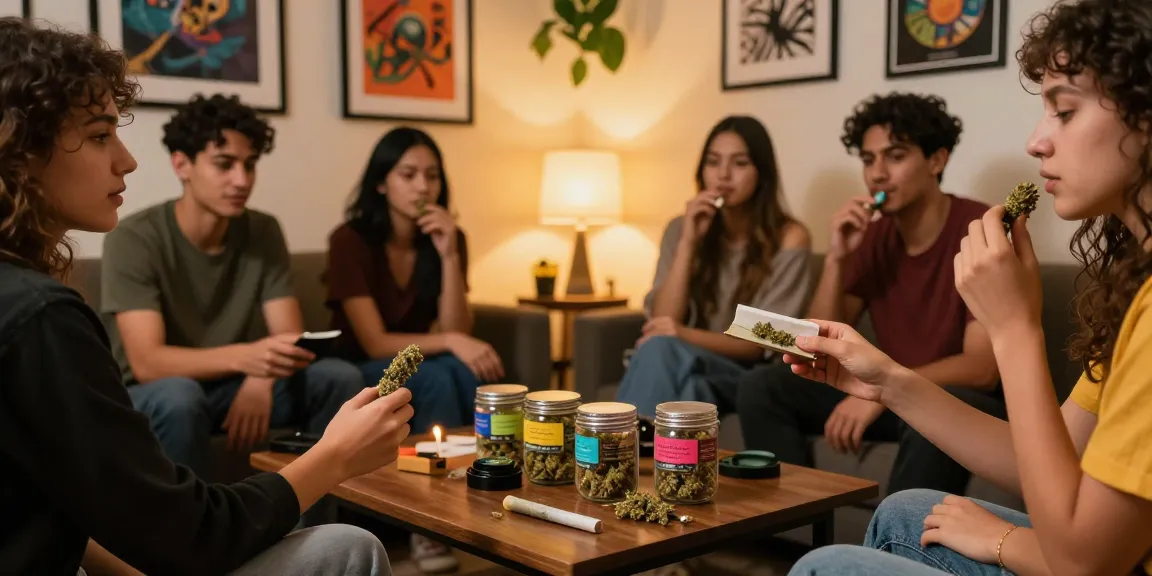 Friends enjoying weed shake in a cozy cannabis lounge with colorful products.
