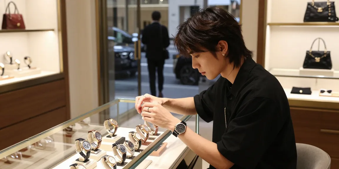 Stylish shopper examining 시계 레플리카 in upscale boutique showcasing luxury timepieces.