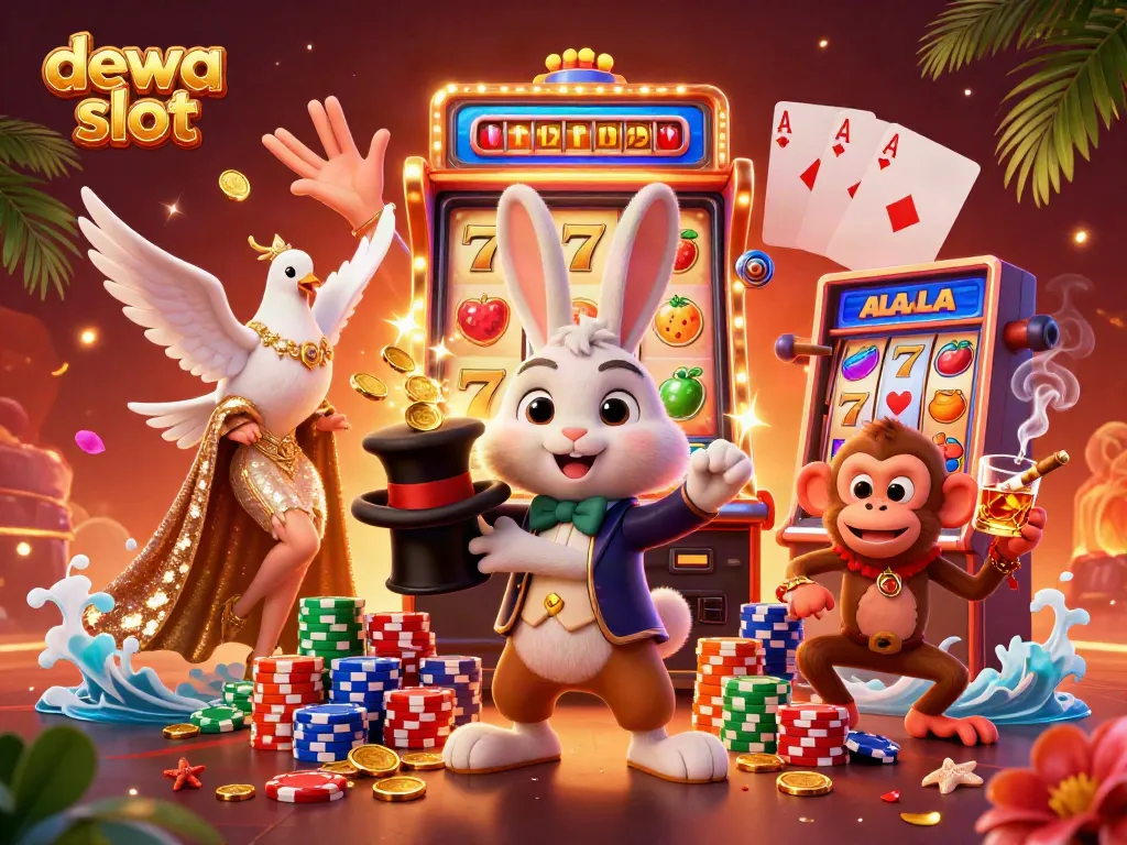 Menangkan slot dewa dengan ilustrasi tiga karakter lucu di kasino, termasuk kalkun penyihir, burung merpati, dan monyet pencuri chip.