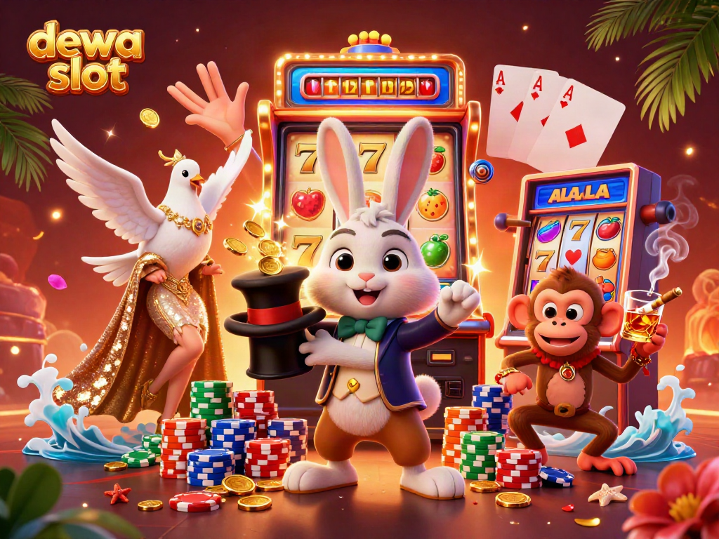 Menangkan slot dewa dengan ilustrasi tiga karakter lucu di kasino, termasuk kalkun penyihir, burung merpati, dan monyet pencuri chip.