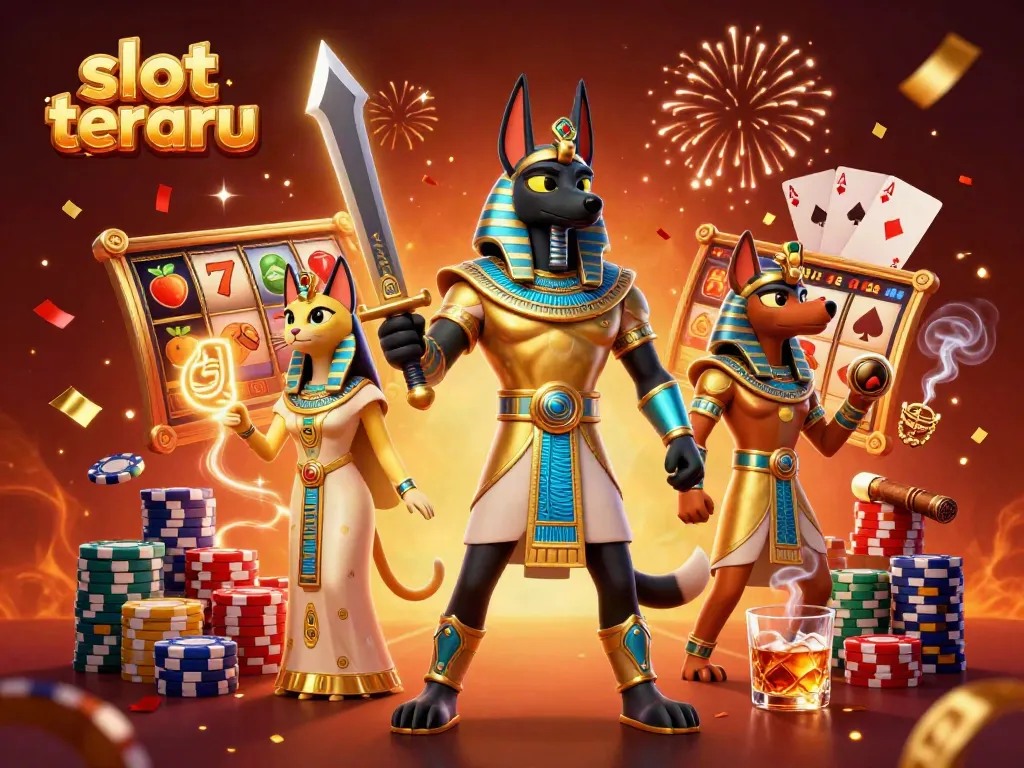 Slot terbaru dengan Anubis dan Bastet di kasino, menggambarkan permainan yang menarik.