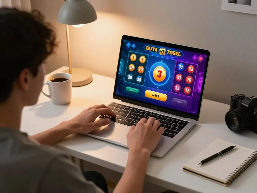 Person enjoying gta togel online slot gaming, focused on winning spin results at home.