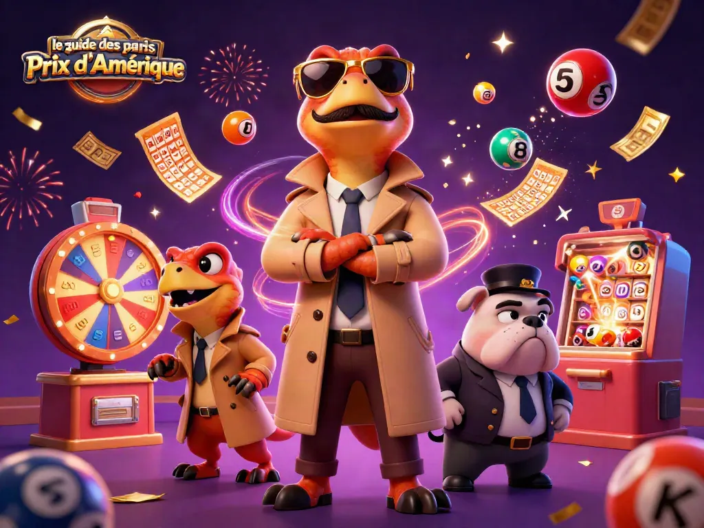 Engage with le guide des paris Prix d'Amérique through a fun, animated illustration featuring raptors in a trench coat at a casino.