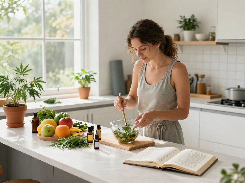 Dispensary that ships quality CBD oil for wellness and organic cooking in a sunny kitchen.