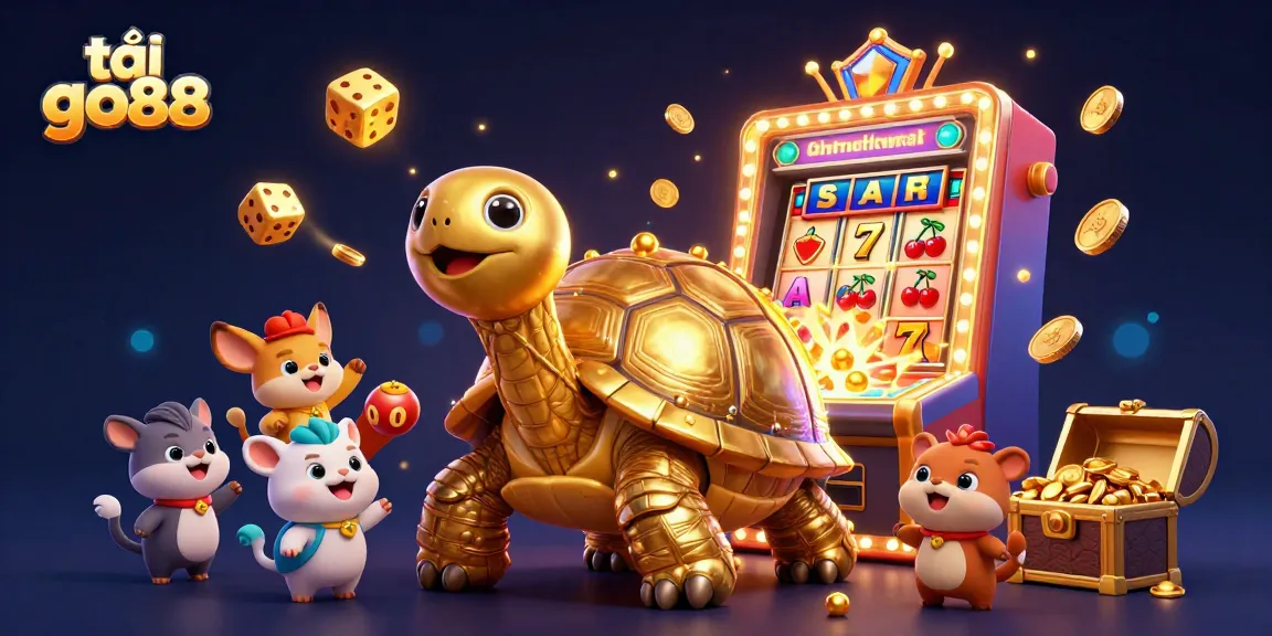 Tải go88 vibrant casino scene with cartoon tortoise, slot machine riches & games.