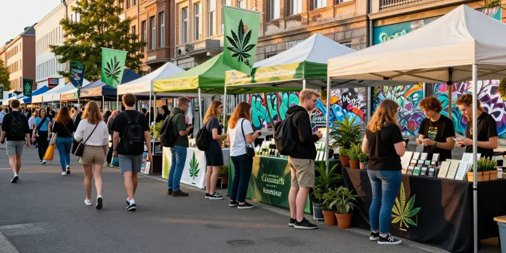 Cannabis shops and vibrant street market scene in Berlin showcasing local cannabis culture.