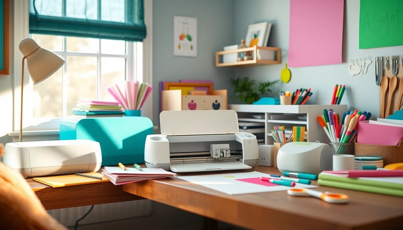 Cricut for beginners: Inviting crafting workspace with Cricut machine and colorful supplies