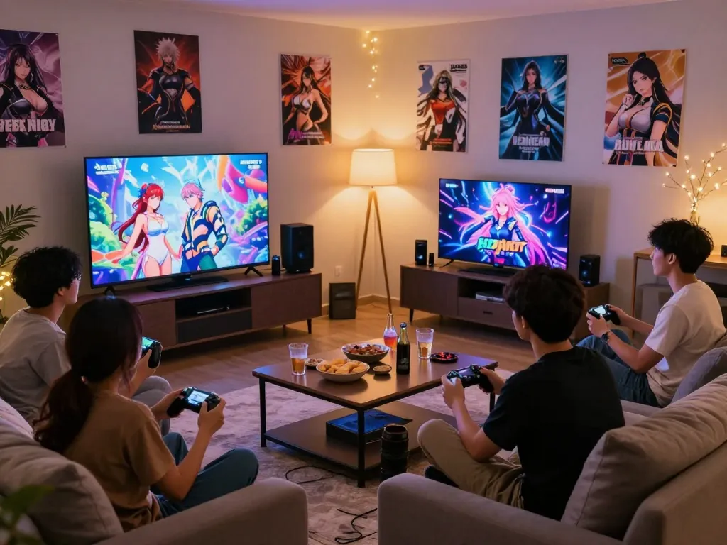 Friends enjoying sex games online in a cozy living room, showcasing vibrant gaming visuals and a lively atmosphere.