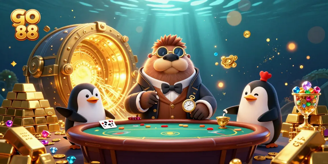 Play poker underwater with the vibrant go 88 walrus, penguin dealer, and a bluffing pufferfish