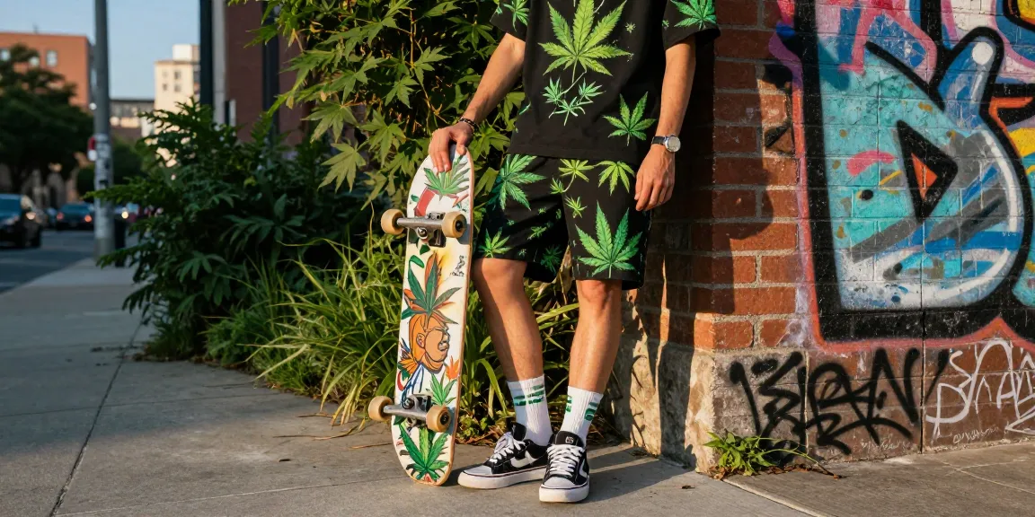 Trendige Person in Cannabis Kleidung kauft in urbanem Hintergrund.