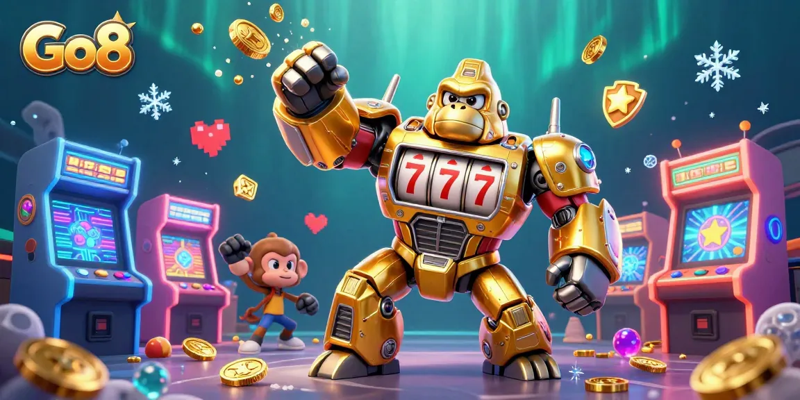 Experience thrilling gaming action at Go8 with the golden gorilla mech in a vibrant casino setting.