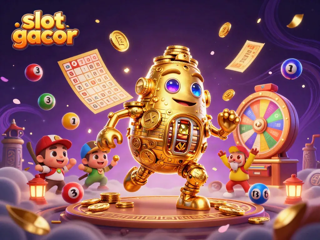 Experience thrilling slot gacor action with a golden golem amid vibrant casino elements.