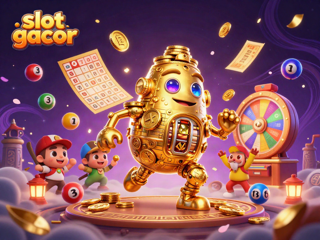 Experience thrilling slot gacor action with a golden golem amid vibrant casino elements.