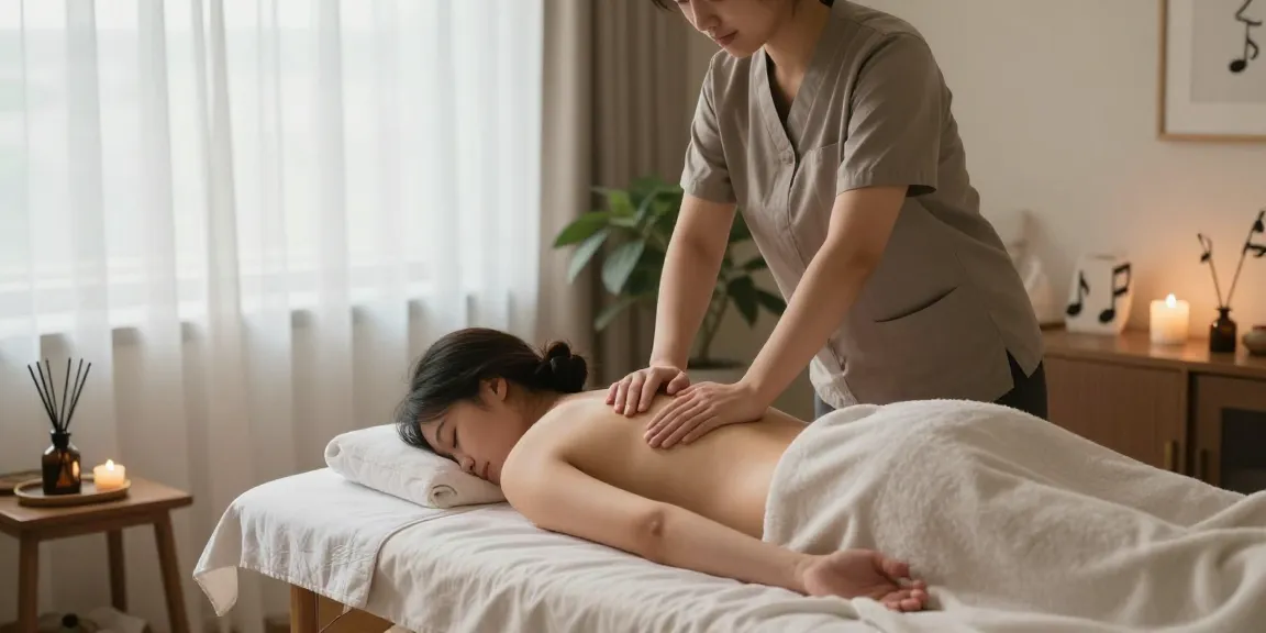 운서출장안마 중인 마사지를 받는 고객과 감각적인 마사지 공간.