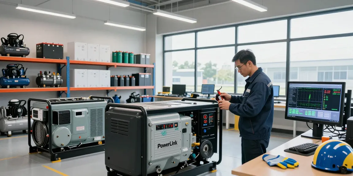 Technician inspecting a PowerLink diesel generator in a modern workshop.