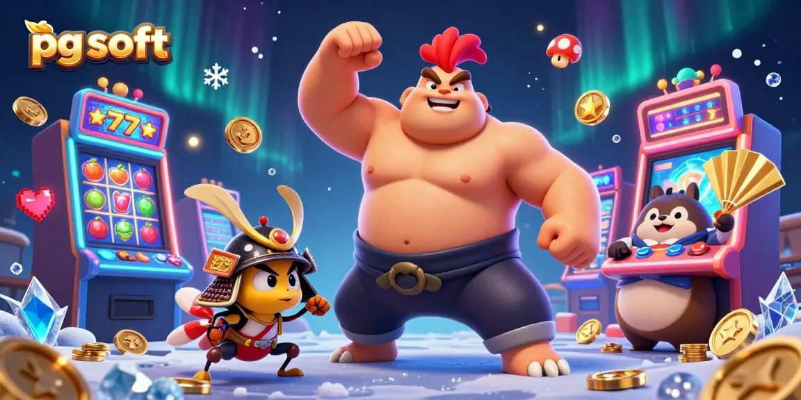 Experience thrilling pg soft gaming action with a vibrant sumo wrestler, samurai cricket, and tanuki announcer in a colorful 3D casino scene.