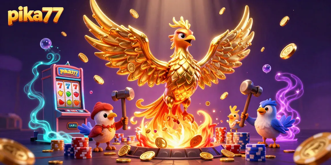 Experience thrilling gameplay with pika77 featuring a dazzling 3D phoenix amidst cascading coins and vibrant slot machines.
