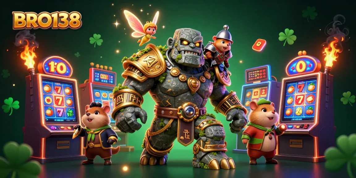 Experience thrilling slots with BRO138's enchanting golem, fairy, and knight in an 8K casino adventure.