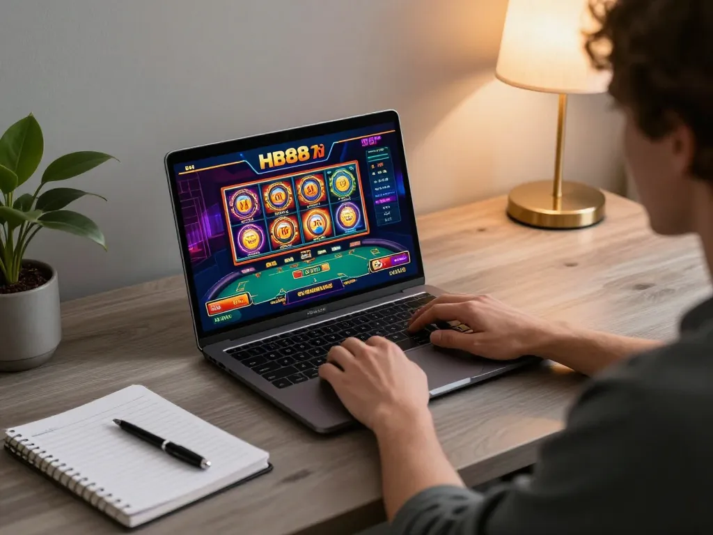 Player enjoying HB88's online casino games on a laptop, showcasing a cozy gaming setup with strategic notes