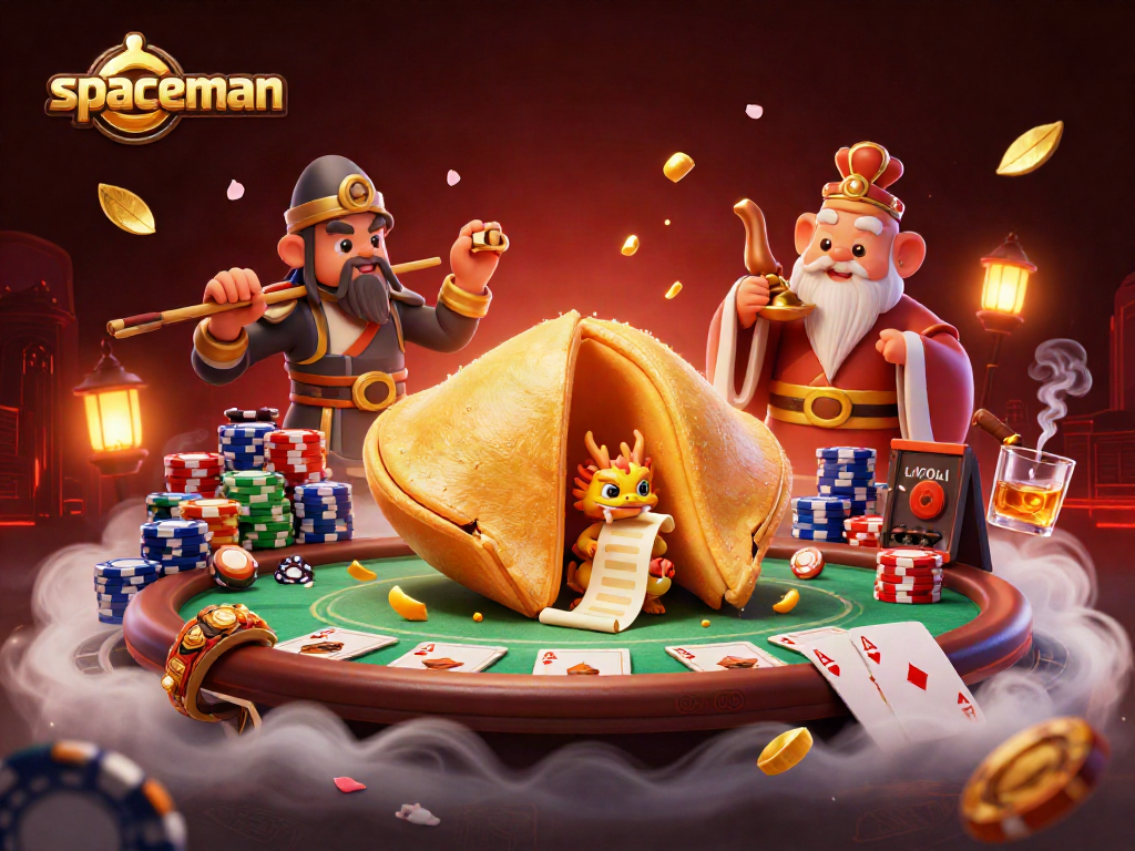 Engage with spaceman in this vibrant 3D casino scene filled with poker and fortune elements.