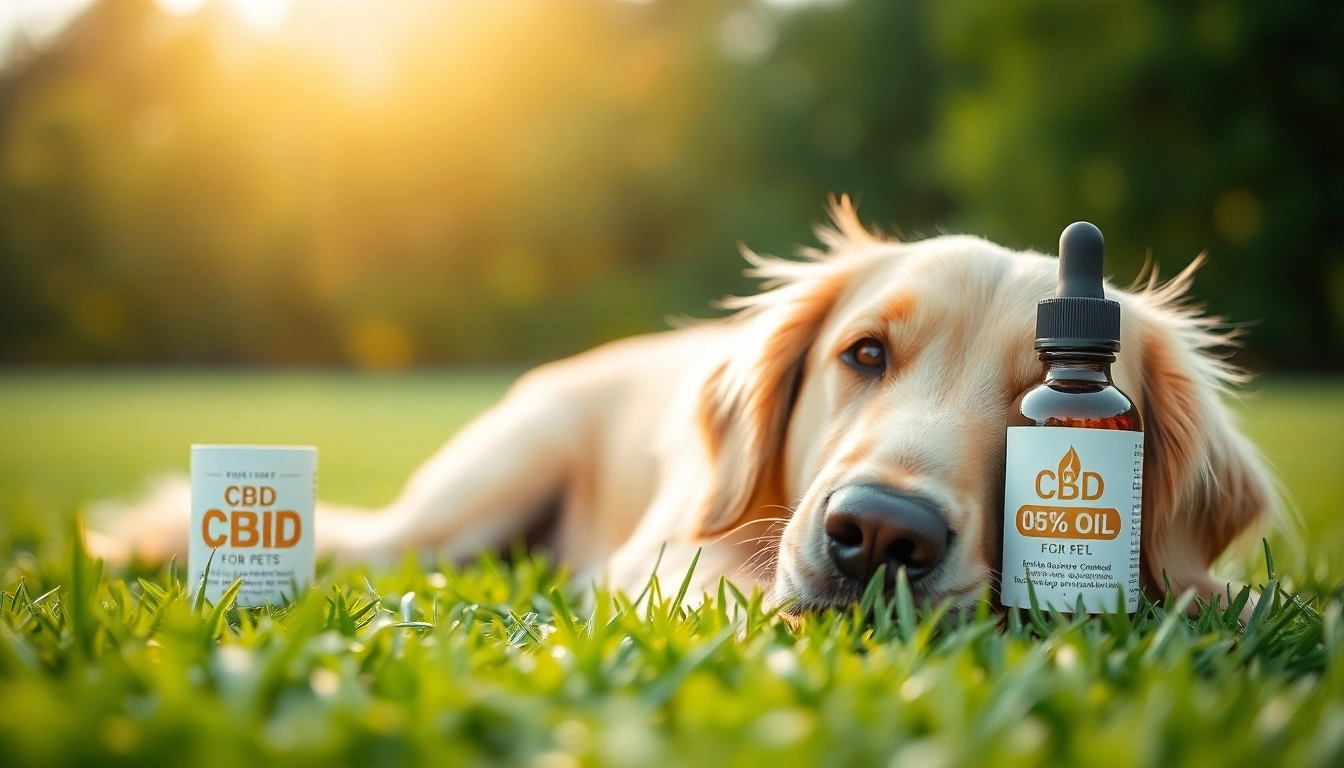 CBD For Pet bottle next to a relaxed dog, showcasing pet wellness.
