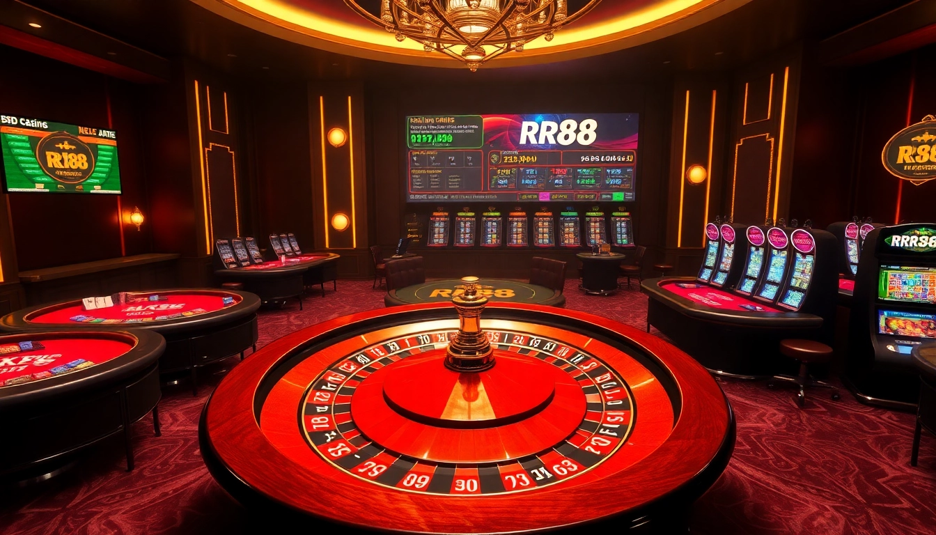 RR88 players winning at a vibrant casino with poker tables and roulette wheel