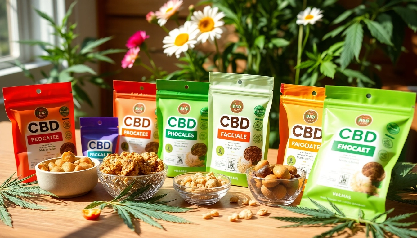 Showcase of wholesale cbd edibles highlighting vibrant packaging and natural elements on a wooden table.