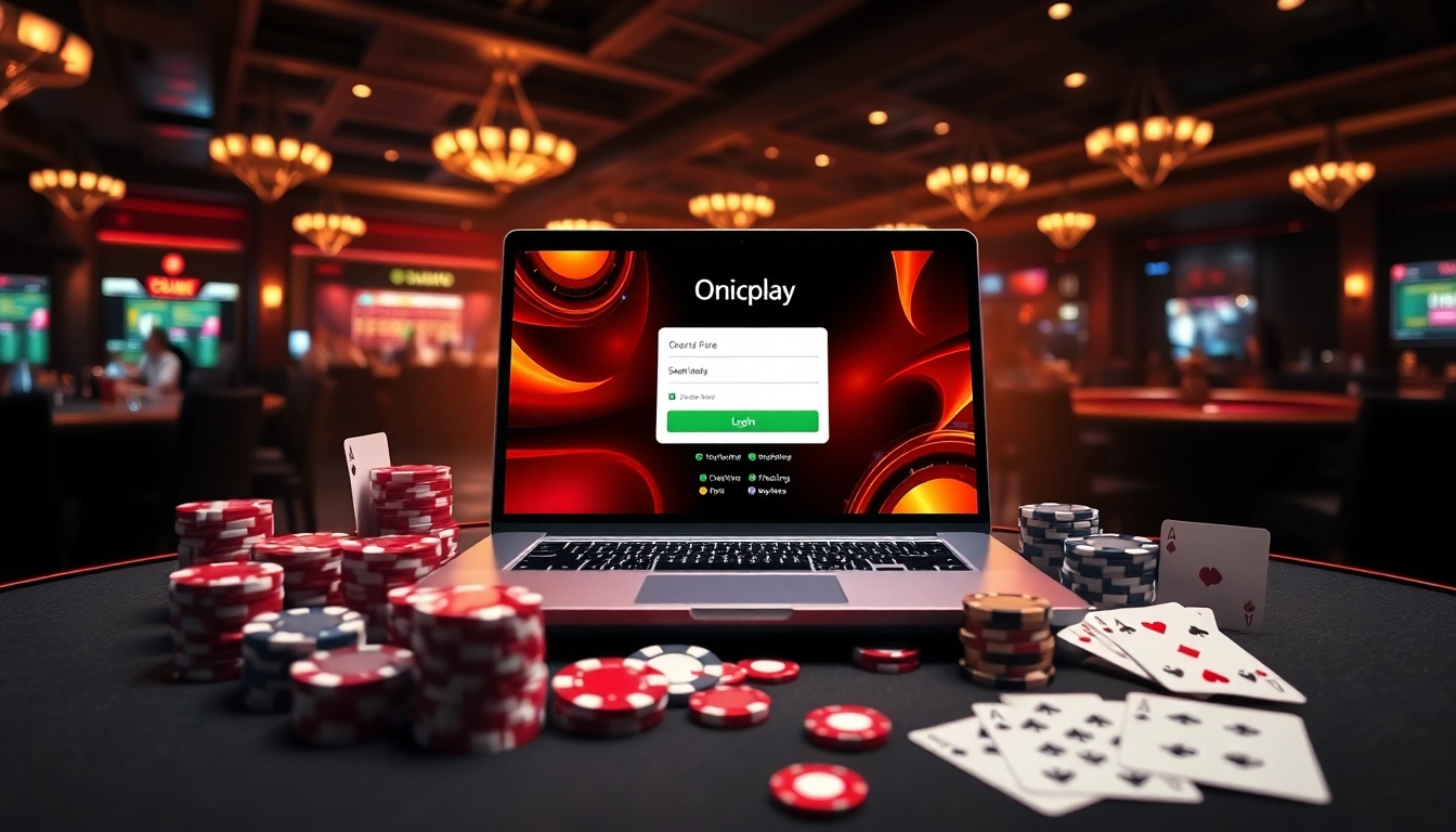 Experience the thrill of Onicplay login amidst vibrant casino elements like poker chips and roulette.