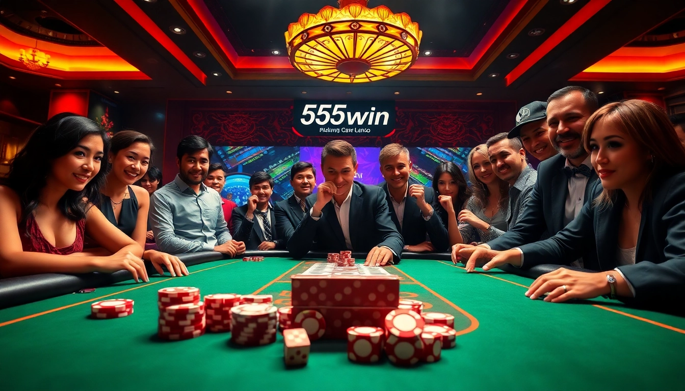 Experience high-stakes action at 555win with vibrant gaming elements in a luxurious casino setting.