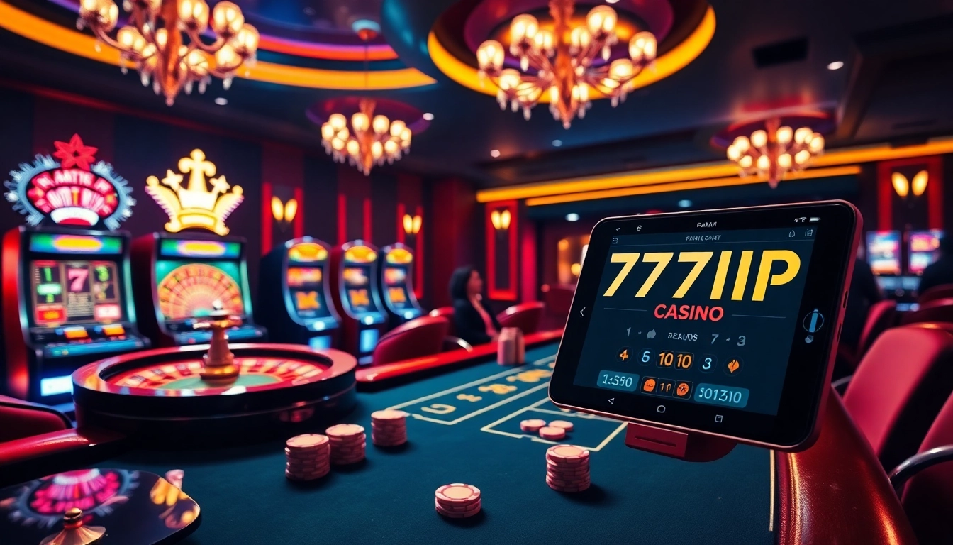 Experience the excitement of online gambling with 777VIP Com featuring vibrant casino elements like roulette and slot machines.