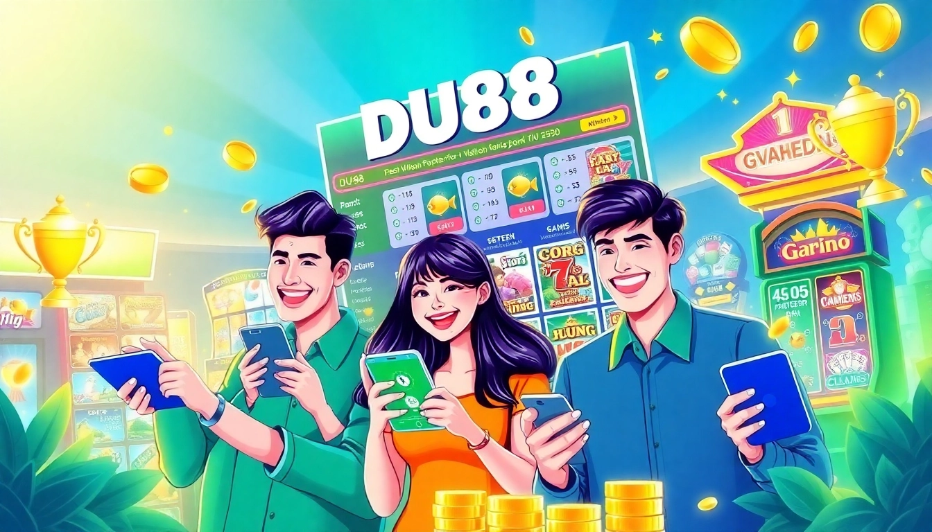 Engaging illustration of DU88 online betting platform showcasing players winning slots and sports betting.