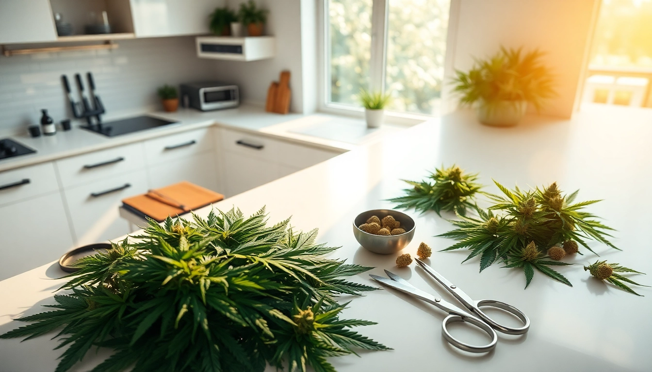 Preparing canabis shake in a modern kitchen with fresh cannabis leaves and tools.