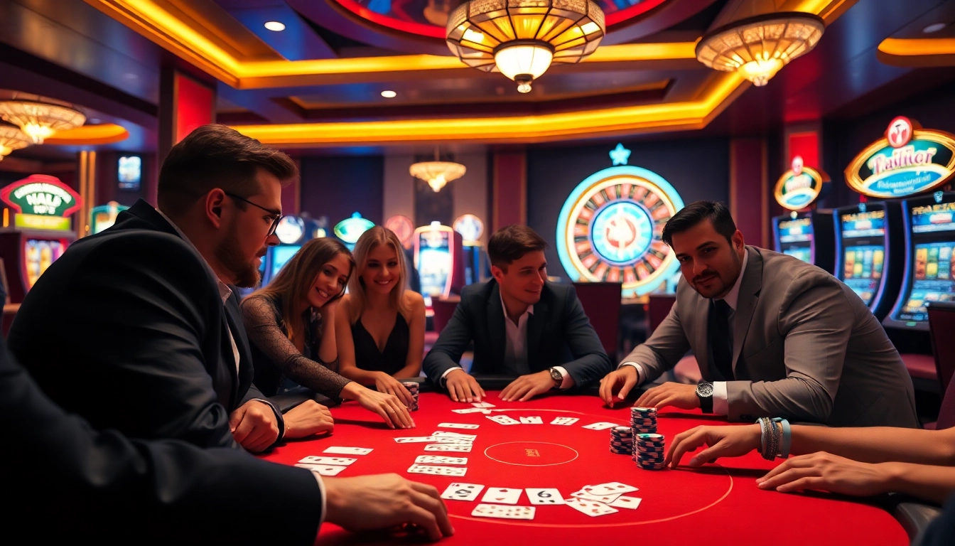 Players enjoying a thrilling poker game at https://rr88co.net/, surrounded by vibrant casino elements.